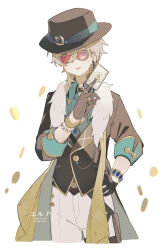  1boy absurdres aqua_shirt artist_name aventurine_(honkai:_star_rail) black_collar black_gloves black_hat black_jacket black_vest blonde_hair blue_eyes bluesky_username bracelet card cleavage_cutout clothing_cutout collar collared_shirt commentary_request cowboy_shot cropped_legs crossed_bangs diamond_(shape) earrings erua_(_8eru) fedora fur-trimmed_jacket fur_trim gloves gold_ring gold_trim hair_between_eyes hand_on_own_hip hand_up hat highres holding holding_card honkai:_star_rail honkai_(series) jacket jewelry looking_at_viewer male_focus multicolored_eyes multiple_rings neck_tattoo open_clothes open_jacket open_mouth pants parted_bangs playing_card red-tinted_eyewear ring shirt short_hair simple_background single_earring sleeve_cuffs smile solo spade_(shape) standing sunglasses tattoo thigh_strap three-quarter_sleeves tinted_eyewear twitter_username vest violet_eyes watch watch watermark white_background white_pants wing_collar yellow-framed_eyewear 