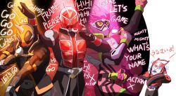  4boys armor belt belt-san black_eyes drive_driver english_text eyecon flame_style gamer_driver ghost_driver gloves helmet holding holding_microphone hood hooded_jacket horns jacket jewelry kamen_rider kamen_rider_drive kamen_rider_drive_(series) kamen_rider_ex-aid kamen_rider_ex-aid_(series) kamen_rider_ghost kamen_rider_ghost_(series) kamen_rider_wizard kamen_rider_wizard_(series) male_focus microphone mighty_action_x_level_2 mio_(jian_wei) multiple_boys music ore_damashii red_armor red_eyes rider_belt ring shift_car singing single_horn tailcoat tokusatsu type_speed unused_tire wizardriver 