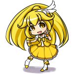  :d blonde_hair boots chibi cure_peace dress hair_ornament kise_yayoi kou512a long_hair magical_girl open_mouth ponytail precure simple_background smile smile_precure! solo v white_background yellow_dress yellow_eyes 