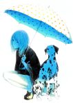  copyright_request dalmatian dog long_hair polka_dot poncho sawasawa solo squatting umbrella 