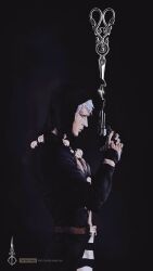  1boy artist_name commentary from_side gun hat highres holding holding_gun holding_weapon jojo_no_kimyou_na_bouken pants revolver risotto_nero scissors solo striped_clothes striped_pants thepaleindigo vento_aureo weapon web_address white_hair 