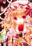  apple blonde_hair brooch butterfly candle card fang fire flandre_scarlet food fruit hat highres jewelry playing_card red_eyes short_hair side_ponytail solo the_embodiment_of_scarlet_devil touhou wings wrist_cuffs yuki_201 