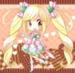  blonde_hair boots bow brown_background brown_eyes choker cure_echo dress earrings hiyopuko jewelry long_hair magical_girl polka_dot polka_dot_background precure precure_all_stars_new_stage:_friends_of_the_future precure_all_stars_new_stage:_mirai_no_tomodachi ribbon sakagami_ayumi smile solo twintails very_long_hair wrist_cuffs 