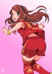  adidas artist_request ass brown_hair dated fc_bayern_munchen fc_bayern_munich from_behind germany hairband idolmaster inoue_sora long_hair looking_back minase_iori pantylines pink_background shorts soccer_uniform solo thigh-highs thighhighs triple_vertical_stripe watermark wristband 