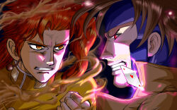  2boys angry black_background black_sclera brown_hair brown_jacket card clenched_teeth colored_sclera energy gambit glaring glowing grimace headpiece jacket jojo_no_kimyou_na_bouken m.u.g.e.n marvel multiple_boys nana-2009 playing_card red_eyes red_hair rubber_soul shirt slime_(substance) stardust_crusaders stare_down teeth x-men yellow_eyes yellow_shirt yellow_temperance 