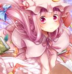  :t blush book bow capelet crescent dress hair_bow hat leaf long_hair patchouli_knowledge pink_eyes purple_hair ribbon sanotsuki solo sweatdrop touhou v_arms wide-eyed 