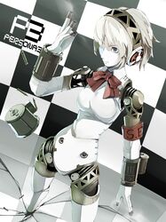  aegis android armband blonde_hair blue_eyes bow breasts bullet checkered checkered_background el-f highres persona persona_3 ribbon short_hair solo 