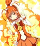  ahoge choker clenched_hands collarbone cure_sunny dress explosion fiery_background fire fist hair_bun hino_akane magical_girl nosuku orange_(color) orange_background orange_dress orange_eyes orange_hair precure shorts_under_skirt smile smile_precure! solo tiara 