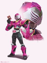  1boy advent_card advent_deck armor armored_boots belt black_bodysuit bodysuit boots card full_body gloves helmet highres holding holding_card kamen_rider kamen_rider_raia kamen_rider_ryuki_(series) looking_at_viewer male_focus penpenhuihui pink_armor red_eyes rider_belt shoulder_armor simple_background solo standing tokusatsu v_buckle 