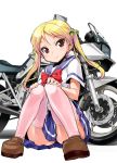  bakuon!! bell blonde_hair bow character_request hair_bell hair_ornament hands_on_knees loafers long_hair looking_at_viewer motor_vehicle motorcycle orimoto_mimana pink_legwear pleated_skirt red_eyes school_uniform shoes sitting skirt smile suzuki suzuki_katana suzunoki_rin thigh-highs thighhighs twintails vehicle 