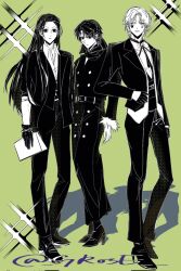  3boys bandaged_head bandages bead_bracelet beads black_gloves black_hair black_jacket black_necktie black_pants black_scarf black_shoes bracelet chrollo_lucilfer facial_mark full_body fur-trimmed_jacket fur_trim gloves green_background grose high_heels highres hisoka_morow hunter_x_hunter illumi_zoldyck jacket jewelry long_hair male_focus multiple_boys necktie pants parted_bangs scarf shirt shoes short_hair sparkle standing twitter_username white_shirt 