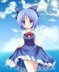  blue_eyes blue_hair blush bow bowtie cirno cloud hair_bow highres ice ice_wings large_bow marotti short_hair skirt_hold smile solo sun touhou wings 