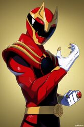  1boy absurdres armor black_bodysuit bodysuit brown_background cowboy_shot gozyuwolf gradient_background helmet highres male_focus no.1_sentai_gozyuger red_armor red_bodysuit red_helmet sentai_ring simple_background smgold solo super_sentai tokusatsu 