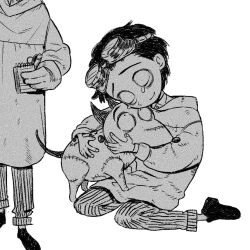  black_hair black_shoes closed_eyes dog frankenweenie goggles goggles_on_head greyscale happy_tears holding holding_notepad kneeling kumao_(uexxww) male_focus monochrome notepad panties scar scar_on_face scar_on_nose shoes short_hair smile sparky_(frankenweenie) striped_clothes striped_panties tears tim_burton_(style) underwear white_background 