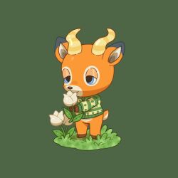  1boy animal_crossing animal_ears animal_feet animal_hands animal_nose barefoot beau_(animal_crossing) blue_eyes bottomless closed_mouth commentary deer_boy deer_ears deer_tail english_commentary flower full_body furry furry_male grass green_background green_sweater half-closed_eyes happy highres holding holding_flower hooves horns long_sleeves male_focus nana_(drawnbynana) short_tail simple_background smelling smelling_flower smile solo standing sweater tail tulip two-tone_sweater white_flower white_tulip yellow_horns 