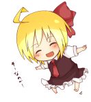  ahoge barefoot blonde_hair blush chibi closed_eyes dress eyes_closed hair_ribbon necktie open_mouth outstretched_arms ribbon rumia short_hair simple_background smile solo the_embodiment_of_scarlet_devil tosura-ayato touhou white_background youkai 