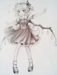 ascot flandre_scarlet graphite_(medium) hat kuraimu_(nico) lowres monochrome outstretched_arms shoes short_hair side_ponytail skirt solo the_embodiment_of_scarlet_devil touhou traditional_media wings 