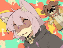  2girls :3 :d absurdres ahoge animal_ear_fluff animal_ears black_collar black_hoodie bone_hair_ornament braid brown_eyes brown_hair cartoon_bone cat_ears cat_girl cocomayo29_(tomato) collar commentary_request constricted_pupils dog_ears dog_girl dress dutch_angle fang hair_ornament highres hololive hood hood_down hoodie inugami_korone inugami_korone_(1st_costume) jacket korean_commentary listener_(inugami_korone) looking_ahead looking_at_another multiple_girls nekomata_okayu nekomata_okayu_(1st_costume) open_mouth purple_hair red_collar shaded_face smile sweat twin_braids violet_eyes virtual_youtuber white_dress yellow_jacket 