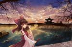  2girls arm_up bird blue_sky boat bow bridge brown_hair cloud dango detached_sleeves east_asian_architecture flandre_scarlet food hair_bow hair_tubes hakurei_reimu highres landscape miko multiple_girls open_mouth pagoda red_eyes river shirt skirt skirt_set sky smile solo sunset tamaxi123 the_embodiment_of_scarlet_devil touhou tree wagashi wings 