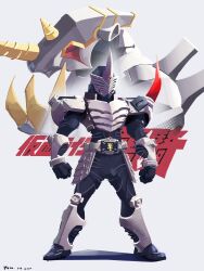  1boy advent_deck armor belt contract_monster highres horns kamen_rider kamen_rider_gai kamen_rider_ryuki_(series) male_focus metalgelas metalhorn monster penpenhuihui rhinoceros silver_armor single_horn standing v_buckle white_background 