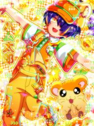  1boy :d absurdres charm_(object) chibi colorful decorations ensemble_stars! ghoulpop_(artist) hair_over_eyes hamtaro hamtaro_(series) hat highres image_in_speech_bubble non-web_source official_alternate_costume overalls purple_hair sengoku_shinobu shota smile sparkle yellow_eyes 