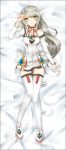  1girl bed_sheet boots bracelet dakimakura detached_sleeves elsword eve_(elsword) facial_mark jewelry long_hair looking_at_viewer lying mnyang on_back silver_hair solo thigh-highs thigh_boots thighhighs white_hair white_legwear yellow_eyes 