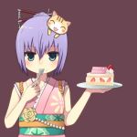  bad_id blue_eyes blush blush_stickers blush_sticks cake cat character_request eating food food_on_face fruit hair_ornament hair_stick happy_birthday holding holding_fork japanese_clothes kimono millie_(paperman) nekomo paper_man paperman plate purple_background purple_hair simple_background slice_of_cake solo strawberry 