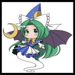  bat_wings border bow chibi crescent dress floating ghost ghost_tail green_eyes green_hair hat holding kou512a long_hair mima outstretched_arms solo tail touhou touhou_(pc-98) wings 