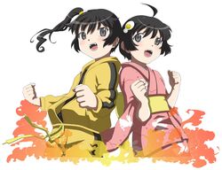  araragi_karen araragi_tsukihi back-to-back black_eyes black_hair hooded_track_jacket japanese_clothes kimono long_hair monogatari_(series) nisemonogatari short_hair siblings side_ponytail sisters 