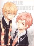  2boys :d ao_no_exorcist blonde_hair border brown_eyes character_name grin looking_at_viewer male moco_315 multiple_boys open_mouth pink_hair shima_kinzou shima_renzou smile wink 