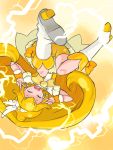  1girl bike_shorts blonde_hair boots closed_eyes cure_peace double_v electricity highres kise_yayoi long_hair magical_girl okera open_mouth ponytail precure shorts_under_skirt smile_precure! solo tears tiara upside-down upskirt v yellow_bike_shorts 