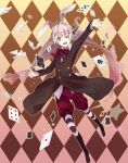  1boy :d androgynous animal_ears argyle argyle_background bird boots bowtie bunny_ears card hair_ribbon magician male open_mouth original outstretched_arm playing_card red_eyes ribbon silver_hair smile solo star striped striped_legwear wink 