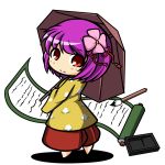  calligraphy_brush chibi flower from_behind hair_flower hair_ornament hieda_no_akyuu holding japanese_clothes kimono kou512a looking_back paintbrush purple_hair red_eyes scroll simple_background smile solo touhou umbrella white_background 