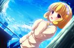  aqua_background blonde_hair blue_background brown_eyes cardigan cloud dutch_angle hairband kise_yayoi nervous open_mouth precure rennkuu short_hair skirt sky smile_precure! solo wavy_mouth 