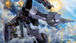  arm_cannon artist_request battle beam_cannon byalant clouds cloudy_sky copyright_logo explosion flying gundam machinery mecha mecha_focus mobile_suit no_humans official_art one-eyed promotional_art realistic robot science_fiction sky sunrise_(company) titans_(gundam) weapon zeta_gundam 