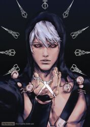  1boy black_background black_coat black_hood black_sclera chest_belt coat colored_sclera holding holding_scissors jojo_no_kimyou_na_bouken long_sleeves looking_at_viewer open_clothes pink_eyes risotto_nero scissors thepaleindigo vento_aureo white_hair 