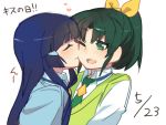  2girls aoki_reika blue_hair blush bust cheek_kiss closed_eyes couple dated green_eyes green_hair happy heart kiss long_hair midorikawa_nao multiple_girls open_mouth ponytail precure school_uniform simple_background sketch smile smile_precure! white_background wink yomosaka yuri 