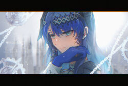  1girl ambience_synesthesia aqua_eyes arknights black_horns bloom blue_gloves blue_hair chain chromatic_aberration close-up closed_mouth commentary film_grain gloves hair_between_eyes hair_ornament highres horns letterboxed light_particles light_smile long_hair looking_down mostima_(arknights) mxd_taolifly official_alternate_costume solo split_mouth x_hair_ornament 