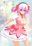  absurdres blush choker company_connection cosplay crossover dress gloves headphones highres kaname_madoka kaname_madoka_(cosplay) look-alike mahou_shoujo_madoka_magica nitroplus purple_hair red_eyes ribbon short_hair smile solo super_sonico twintails 