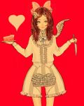  bow brown_hair dress feathered_wings flower grey_eyes hair_bow hair_flower hair_ornament heart heart_cutout highres holding holding_knife knife long_hair moriko06 original plate red_background reverse_grip silver_eyes single_wing slice_of_cake smile solo vertical_stripes white_wings wings 