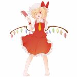  ascot bacho barefoot blonde_hair bow dress fangs flandre_scarlet hair_over_one_eye hat hat_bow ofuda open_mouth red_eyes short_hair side_ponytail simple_background skirt skirt_set slit_pupils solo the_embodiment_of_scarlet_devil touhou wings wrist_cuffs 