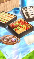  basket bento candy chocolate chocolate_river_no_sono_saki_ni commentary_request cup fate/grand_order fate_(series) food food_focus food_request grass heart heart-shaped_chocolate heart-shaped_food meatball no_humans official_art onigiri picnic_blanket sandwich shrimp shrimp_tempura still_life sweets tempura thermos third-party_source xxxxay 