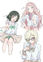  3girls ahoge black-framed_eyewear black_hair blonde_hair blue_eyes blush bow bowtie brown_cardigan bubble_tea cardigan cardigan_around_waist character_name closed_mouth clothes_around_waist collared_shirt commentary cropped_legs cup disposable_cup dress_shirt fang flipped_hair glasses green_bow green_bowtie green_nails green_skirt grey_bow grey_bowtie grey_nails grey_scrunchie gyaru hair_intakes highres holding holding_cup holding_phone keitaro_tension kogal long_hair looking_at_viewer loose_bowtie love_live! love_live!_nijigasaki_high_school_idol_club mia_taylor mifune_shioriko miniskirt multiple_girls official_alternate_costume open_collar orange_eyes ornate_phone_case phone pink_bow pink_bowtie pink_cardigan pink_hair pink_nails pink_skirt plaid_bow plaid_bowtie plaid_clothes plaid_scrunchie plaid_skirt pleated_skirt r3birth_(love_live!) scrunchie shirt short_hair simple_background sitting skirt sleeves_rolled_up smartphone_case three-quarter_sleeves tongue tongue_out v white_background white_shirt wrist_scrunchie zhong_lanzhu 