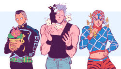  3boys animal_print argyle_clothes argyle_sweater boston_terrier commentary diamond_wa_kudakenai dog flattop guido_mista iggy_(jojo) jean_pierre_polnareff jojo_no_kimyou_na_bouken letterboxed multiple_boys oniyama831 plant potted_plant school_uniform sex_pistols_(stand) stand_(jojo) stardust_crusaders stray_cat_(jojo) sweater terrier_(dog) tiger_print vento_aureo 