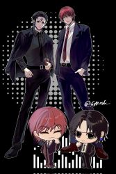 2boys :3 belt black_background black_belt black_hair black_jacket black_necktie black_pants black_shirt black_shoes blue_jacket blue_pants book brown_shoes chibi chibi_inset chrollo_lucilfer closed_eyes closed_mouth collared_shirt earrings facial_mark forehead_mark full_body grose hair_between_eyes hand_in_pocket highres hisoka_morow holding holding_book hunter_x_hunter jacket jacket_on_shoulders jewelry male_focus multiple_boys necktie pants parted_lips red_hair red_necktie shirt shoes short_hair suit_jacket twitter_username white_shirt 
