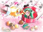  1girl animal_ears cat_ears cat_tail chibi chocolate closed_eyes eyes_closed food fruit green_hair highres long_hair open_mouth original strawberry tail traditional_media valentine 