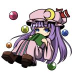  blue_eyes book boots chibi covering covering_face covering_mouth crescent dress hat hat_ribbon holding holding_book kou512a long_hair open_book orb patchouli_knowledge purple_hair ribbon simple_background solo touhou white_background 