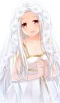  breasts cleavage dress fate/zero fate_(series) hands_clasped hands_together irisviel_von_einzbern kurot long_hair looking_at_viewer open_clothes open_mouth red_eyes silver_hair simple_background solo veil very_long_hair white_background white_dress 