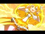  1girl bike_shorts blonde_hair blush bowtie choker cure_peace double_v dress electricity hair_ornament kise_yayoi long_hair magical_girl open_mouth precure shorts_under_skirt skirt smile smile_precure! solo ume_(plumblossom) v wrist_cuffs yellow_bike_shorts yellow_dress yellow_eyes 
