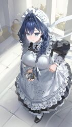  1girl absurdres apron blue_eyes blue_hair braid from_above hair_intakes hair_ribbon hat highres hololive hololive_english long_hair low_twin_braids maid_apron mob_cap official_alternate_costume official_alternate_hairstyle ouro_kronii ouro_kronii_(maid) pocket_watch ribbon solo standing thekaiyip twin_braids virtual_youtuber watch white_apron white_ribbon 